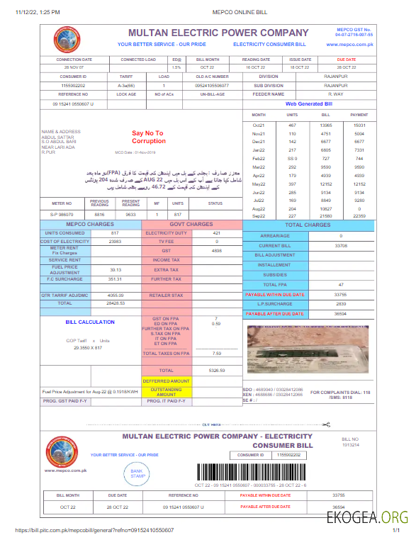 PAKISTAN MULTAN ELECTRIC POWER utility bill Word and PDF template, version 2